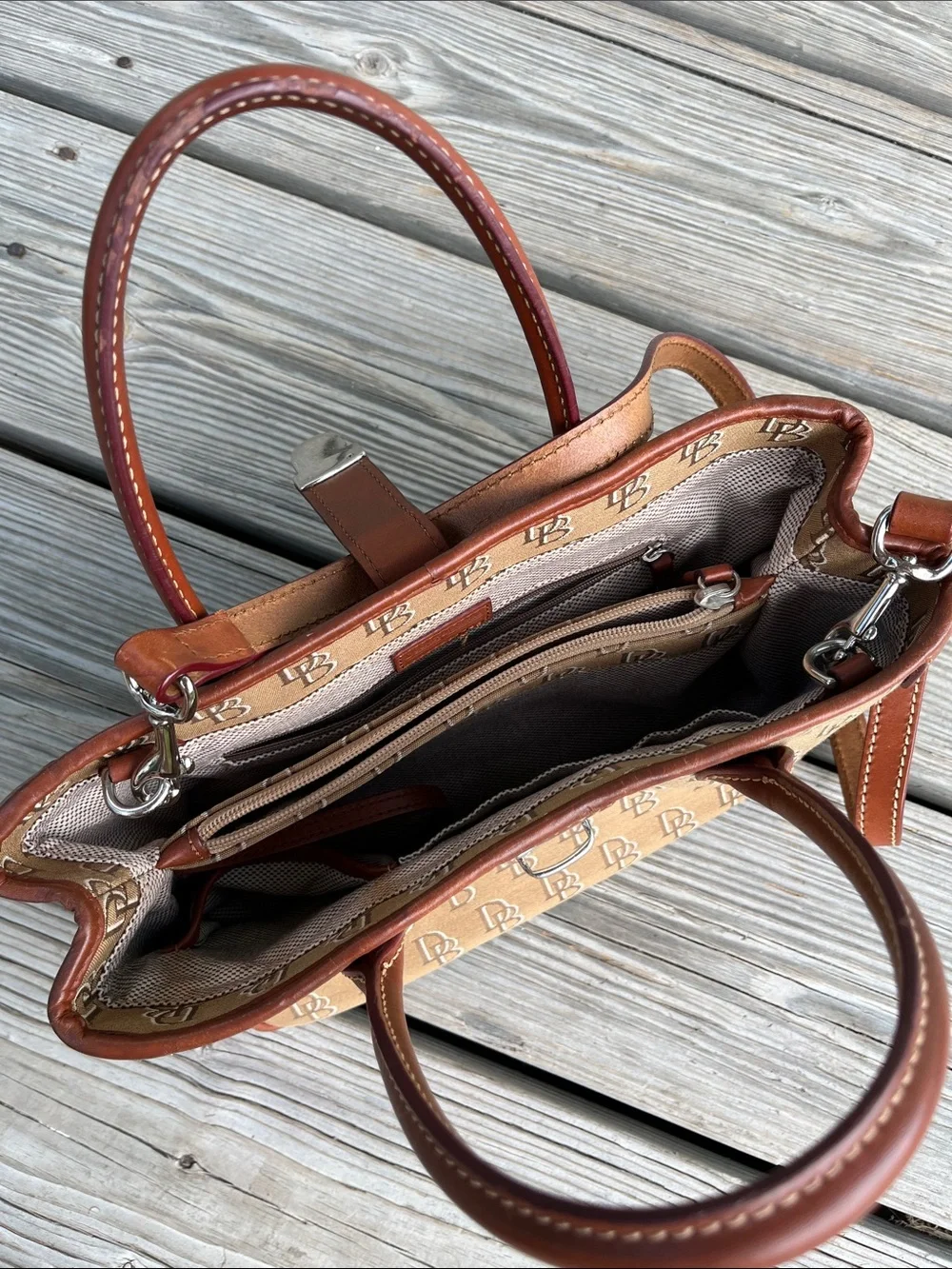 Dooney & Bourke Tan Signature DB Messenger with Brown Leather Trim